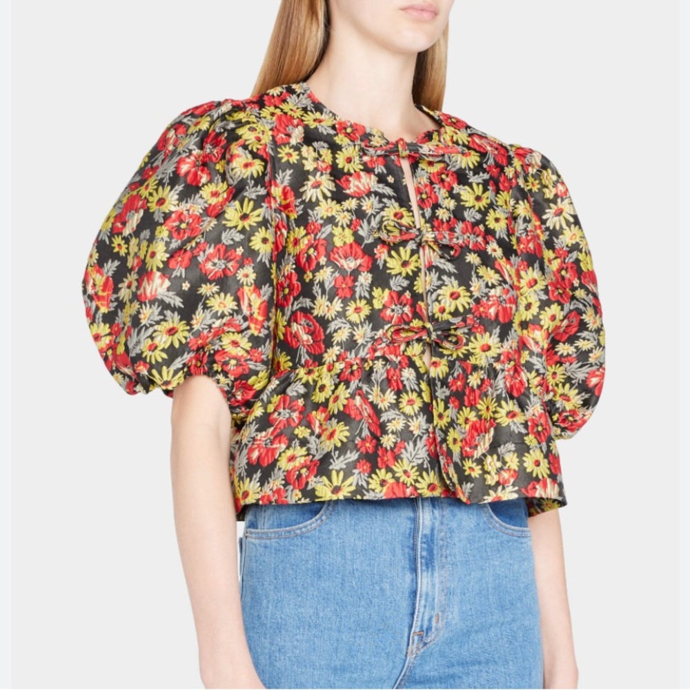 GANNI Colorful Front-Tie Floral Jacquard Peplum Top Size 42 Puff Sleeve Cropped